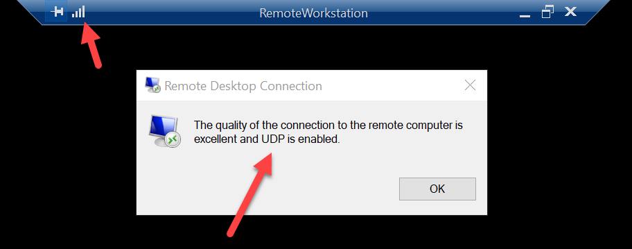 The quality of the connection to the remote computer is excellent and UDP is enabled